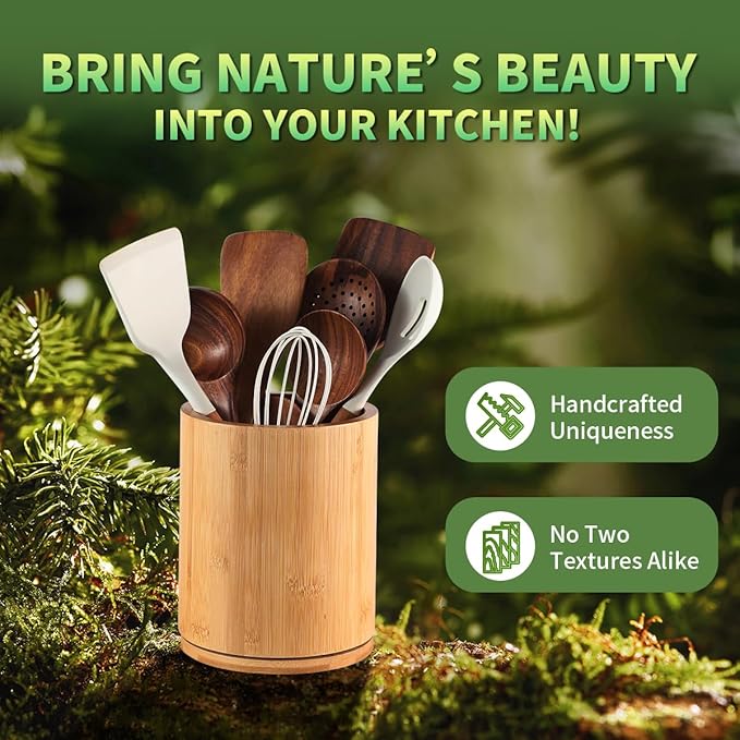 Wooden Utensil Holder, 360°Rotating 7.3'' Large Utensil Holder for Kitchen Counter, Kitchen Utensil Organizer, Utensil Crock, Farmhouse Kitchens Countertop Decor, Bamboo Wood