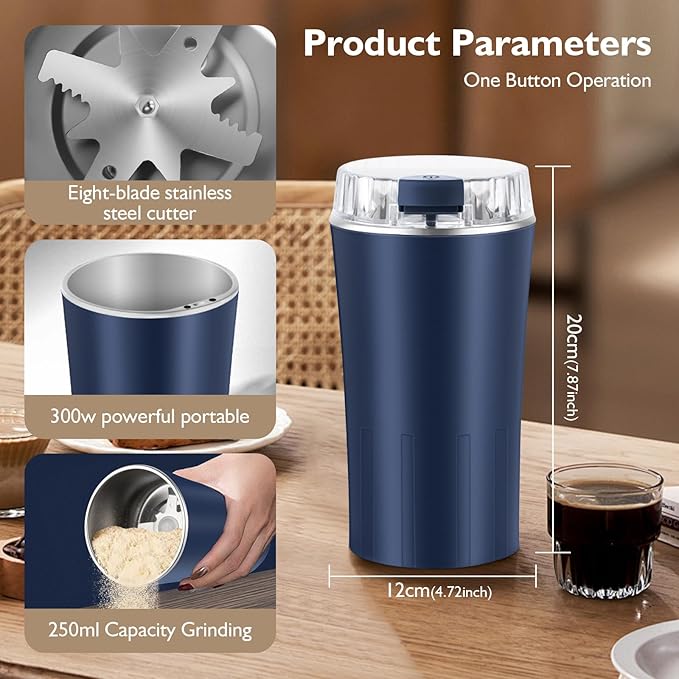 Electric Coffee Grinders - One-Key Portable Coffee Bean and Spice Grinder, 300W Powerful Power with Heavy-Duty Stainless Steel, Portable Coffee Grinder Electric for Coffee, Spices, Herb, Nuts,etc.