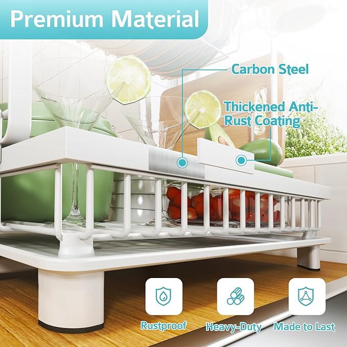 Multifunctional Dish Drying Rack - Rustproof, 2-Tier Dish Racks with Drainboard, Space-Saving Design, Utensil & Cup Holder for Kitchen Counter, White