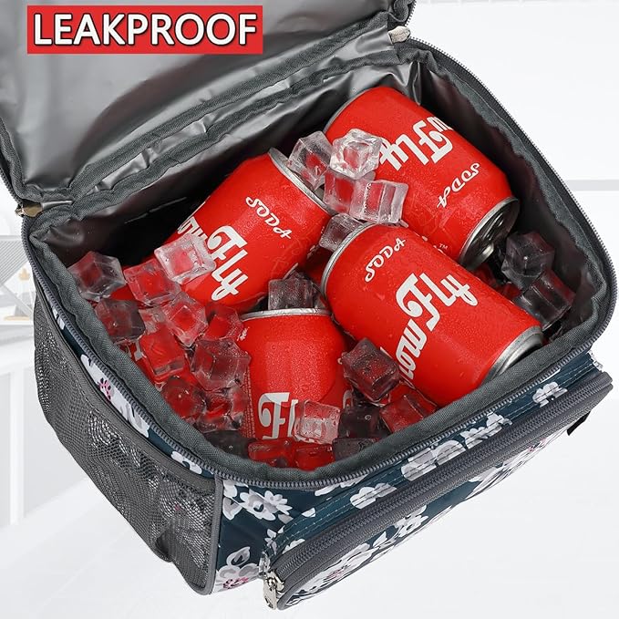 FlowFly Double Layer Cooler Insulated Lunch Bag Adult Lunch Box Large Tote Bag for Men, Women, With Adjustable Strap,Front Pocket and Dual Large Mesh Side Pockets