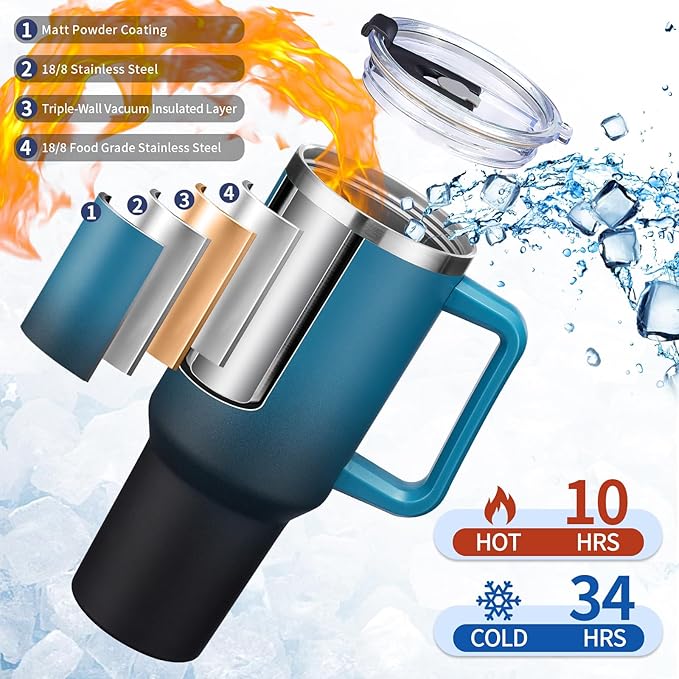 Water Bottle, 40 oz Tumbler with Lid and Straw - Leakproof Travel Mug Thermal Cup 40oz, Insulated Tumblers Stainless Steel for Hot and Cold for 34H, Gifts for Women Man Mother Father Birthday