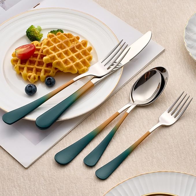 20-Piece Green Orange Silverware Set 18/0 Stainless Steel Silverware Set Green Orange Handle Cutlery Set Service for 4 Dinner Knives Forks Spoons Set Flatware Set Finish Dishwasher Safe