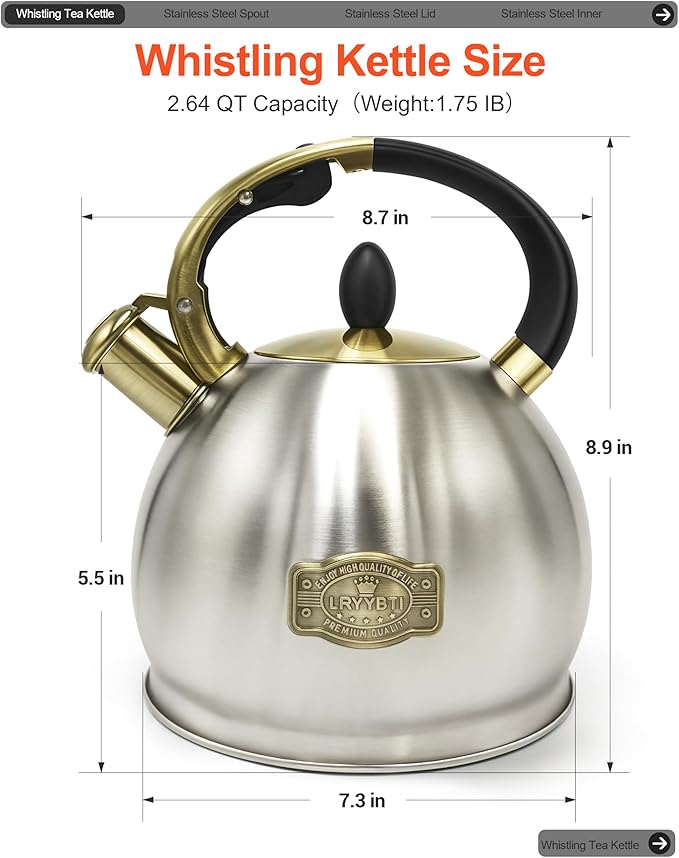 Stove top Whistling Tea Kettle Food Grade Stainless Steel Teapot of 5-layer base for Camping & Kitchen(Brushed, 2.64 Qt)