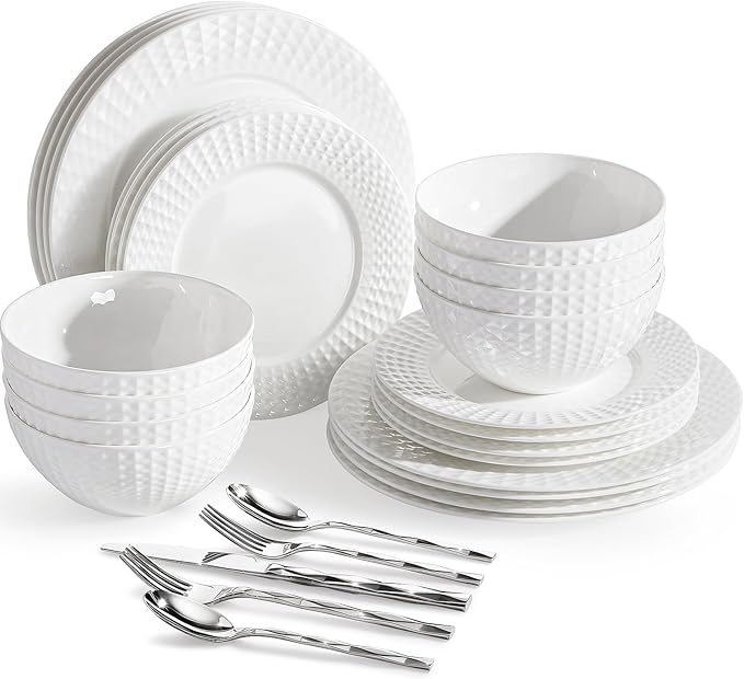 KINGSTONE 24-piece Bone China Dinnerware Set and 40-piece silverware, White Lightweight Porcelain for 8, Plates, Bowls with matching flatware, Microwave and Dishwasher Safe, for Family, Gifting