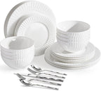 KINGSTONE 24-piece Bone China Dinnerware Set and 40-piece silverware, White Lightweight Porcelain for 8, Plates, Bowls with matching flatware, Microwave and Dishwasher Safe, for Family, Gifting