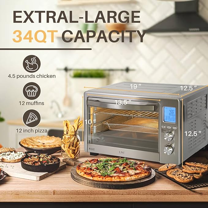 LNC Air Fryer Oven, 34QT Extra Large 1750W Toaster Air Fryer Combo, 12” Pizza Convection Oven Countertop, 12-in-1 with 4 Accessories, Stainless Steel, Silver