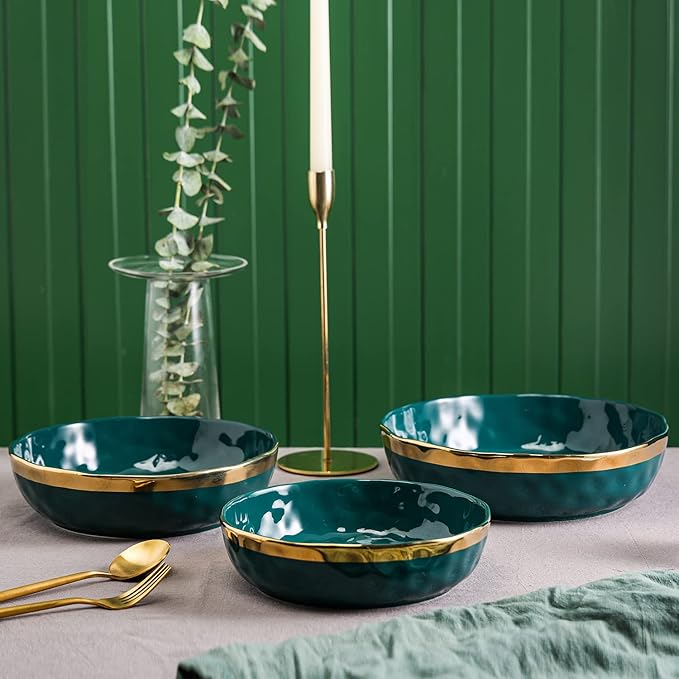 Stone Lain Florian Porcelain 3-Piece Round Shallow Bowl Service Set, Green with Gold Rim