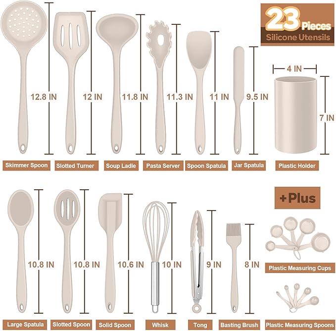 Silicone Kitchen Utensils Set, E-far 23 Pcs Khaki Cooking Utensils Tools with Holder for Nonstick Cookware, Include Spatula/Spoon/Ladle/Tongs/Turner, Heat Resistant & Nontoxic, Dishwasher Safe