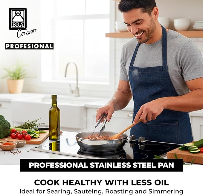 BRA COOKWARE Profesional Frying Pan | 10.2 inches Professional Skillet | Stainless Steel Pan w/o Non-Stick Coating | All Stovetop Compatible - Full Induction Skillet | 100% PFOA Free | Brushed Finish