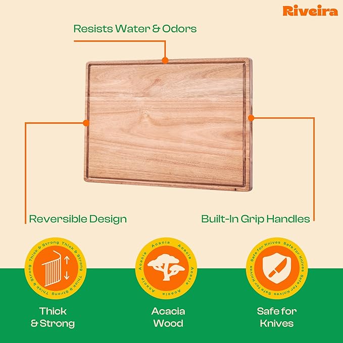 Riveira Acacia Wood Cutting Board – Gourmet Acacia Grandeur: 20 x 14 Wooden Cutting Board – Natural Wooden Cutting Boards For Kitchen Decorative – Innovative Juice Grooves Acacia Wooden Chopping Board