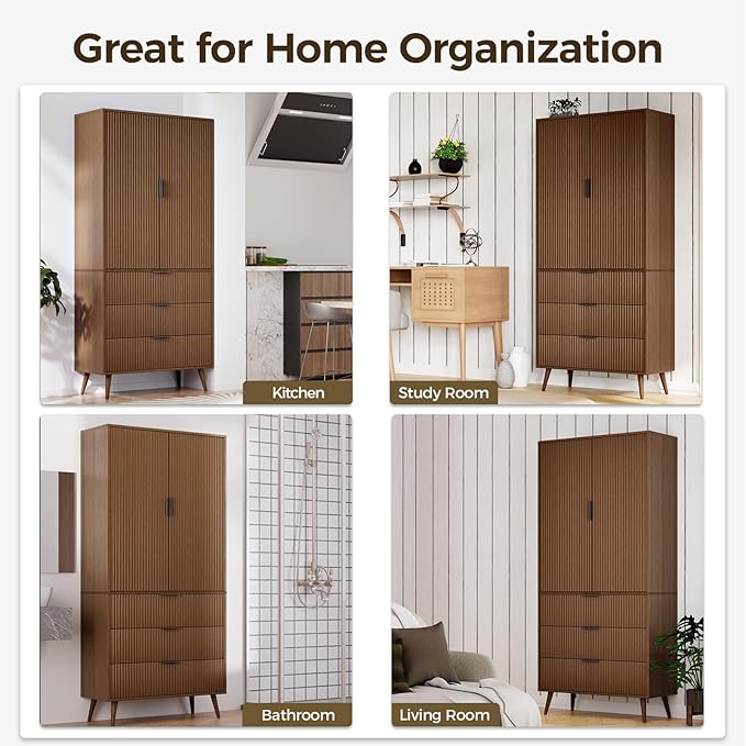 Tall Kitchen Cabinet, Pantry Cabinet with 3 Drawers 2 Doors, Storage Cabinets with Doors, Wood Cupboard with Fluted Panel Design, Tall Fluted Cabinets for Living Room, Kitchen, Walnut