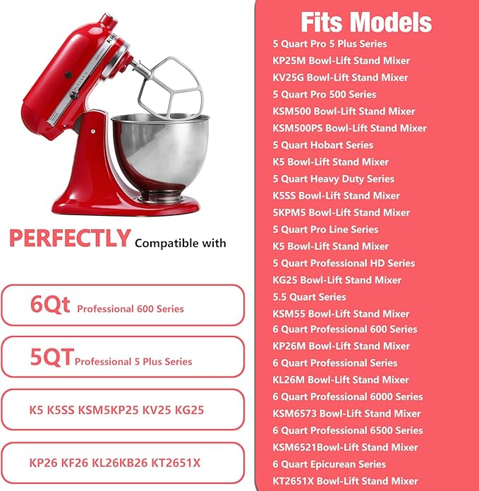 5-6QT Stainless Steel Flat Beater for KitchenAid Stand Mixer, Kitchen Aid Paddle Attachment Accessories/No coating/Dishwasher Safe Replacement for kitchenaid Professional 5 Plus and 600 Series Mixer