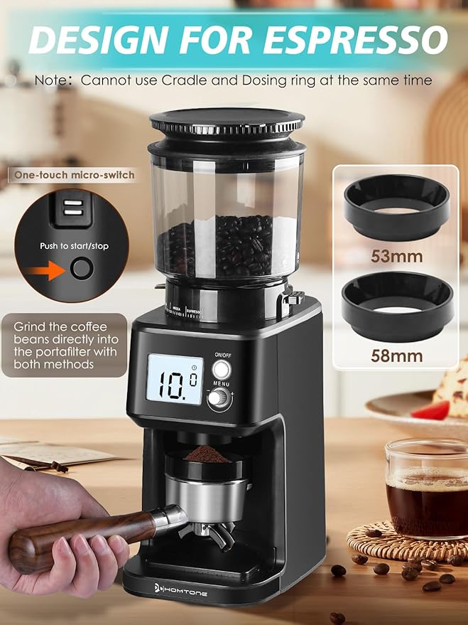 Homtone Conical Burr Espresso Coffee Grinder, Electric Coffee Grinder with 51 Precise Settings, 120V Espresso Grinder with Portafilter Holder, Adjustable for 2-12 Cups, Stainless Steel, Anti-static