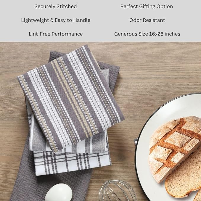 Assorted Kitchen Towels 100% Cotton Large 16x26 Inch Set of 5 - Soft Highly Absorbent Durable Reusable - Perfect for Drying Cleaning Everyday Kitchen Use - Quick Drying Dish Towels Grey