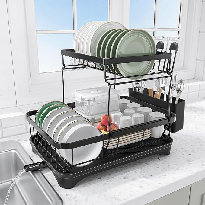 Dish Drying Rack Two-Tier Drying Rack with Utensil Holder, Auto-Draining Dish Rack for Kitchen Counter, Large Capacity for Plates, Bowls, Cups, Dish Drainer with Drainboard, Black