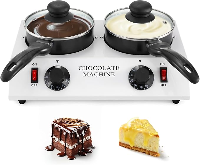 Electric Chocolate Melting Pot - Dual 1L Ceramic Non-Stick Pots, PTC Heating & Precision Thermostat (80W, 110V) for Home/Commercial Chocolate, Candy, Fondue & Hot Beverage
