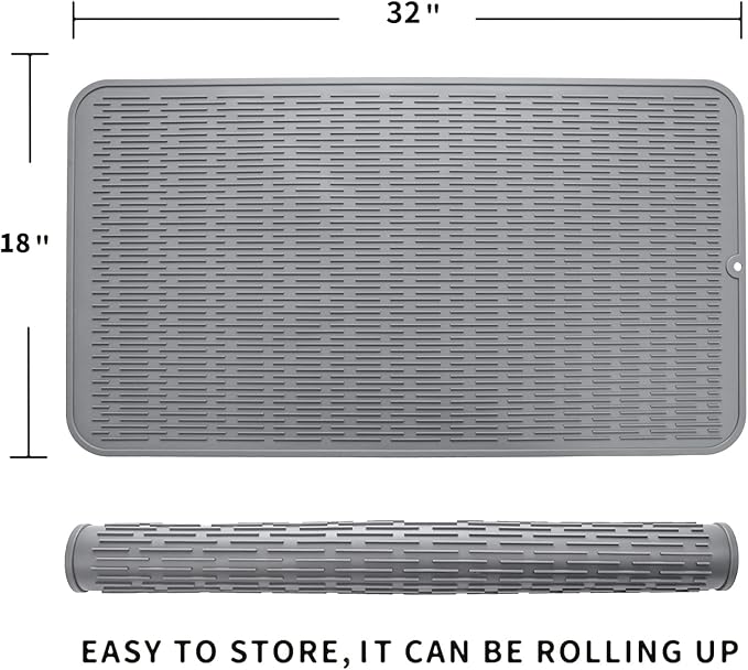 Silicone Dish Drying Mat for Multiple Usage,Easy clean,Eco-friendly,Heat-resistant Silicone Mat for Kitchen Counter or Sink,Refrigerator or Drawer Liner Grey 4XL 32 inches x 18 inches