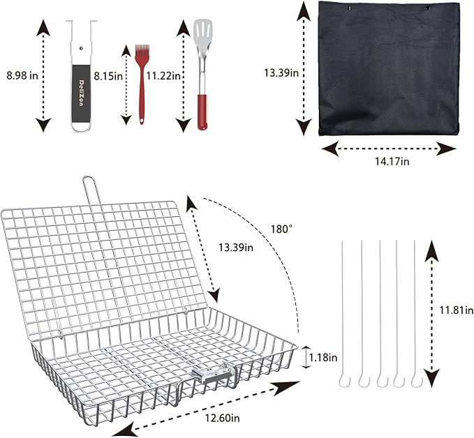 Grill Baskets Fish Grilling Rack for Outdoor Grill with Removable Handle, Come with Basting Brush Food Tongs & 5x BBQ Skewers