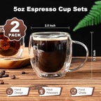 Espresso Cups Set of 2, Double Walled Glass Coffee Mugs 5 oz, Clear Insulated Glass Coffee Cups, Expresso Shots Cup with Handle, Clear Coffee Mug, Espresso Shot Cups, Glass Cups