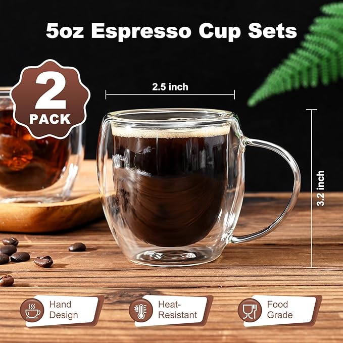 Espresso Cups Set of 2, Double Walled Glass Coffee Mugs 5 oz, Clear Insulated Glass Coffee Cups, Expresso Shots Cup with Handle, Clear Coffee Mug, Espresso Shot Cups, Glass Cups