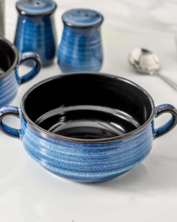 Soup Bowls with Handles, 22 oz French Onion Soup Bowls, Stackable Ceramic Bowls Set of 2, Serving Bowls for Chili, Beef Stew, Soup, Cereal, Oven Microwave Dishwasher Safe, Blue
