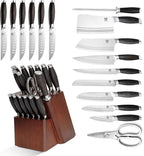 WILDMOK Kitchen Knife Block Set, 17-piece Knife Set with Wooden Block German Steel Kitchen Knives Sets with Bone Chopper, Gift Box