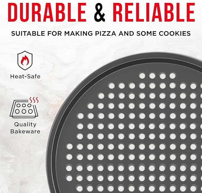 Non-Stick Pizza Pan 1 Pack, 13 Inch Round Carbon Steel Pizza Tray with Perforated Holes for Crispy Crust, PFOAPFOSPTFE Free, Dishwasher & Oven Safe Up To 450°F, Durable Nonstick Gray Coating