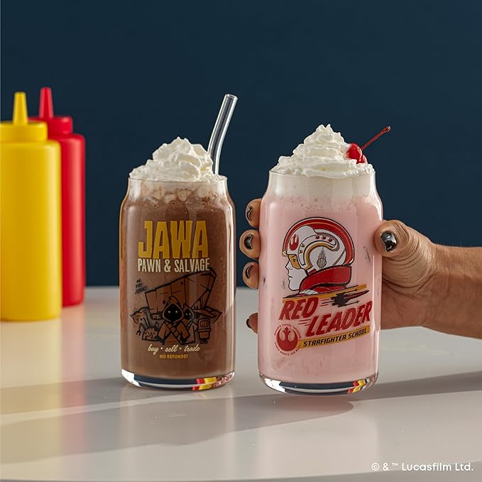 JoyJolt Star Wars Retro Vintage Collection 16.9oz Glass Tumblers - Featuring Darth Vader, R2D2, Yoda, Chewbacca, Red Leader, Jawa - Original Trilogy Drinkware, Set of 6 with Glass Straws