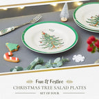 Spode Christmas Tree 8" Salad Plate Set of 4- Festive Holiday Stoneware Plate with Christmas Tree Design, Green Bordered Edges, Microwave, Dishwasher, Freezer, Oven Safe