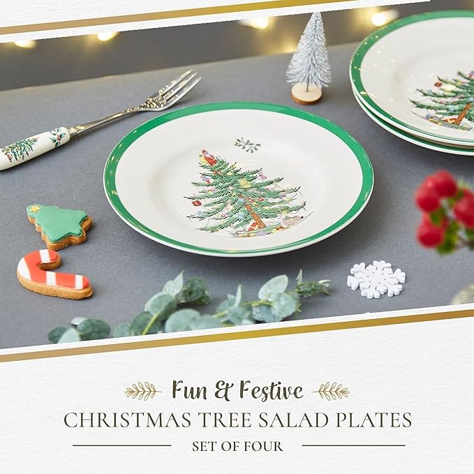 Spode Christmas Tree 8" Salad Plate Set of 4- Festive Holiday Stoneware Plate with Christmas Tree Design, Green Bordered Edges, Microwave, Dishwasher, Freezer, Oven Safe