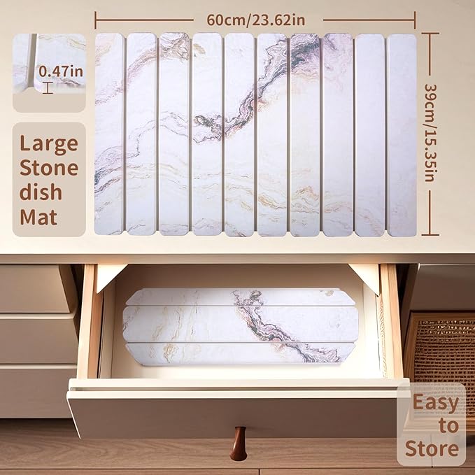 Coolcandy 24x16" Large Stone Dish Drying Mat, Quick Drying Mat Kitchen Counter, Foldable Kitchen Drying Mat, Diatomaceous Earth Stone Drying Mat, Collapsible Dish Mat Kitchen Mat For Drying