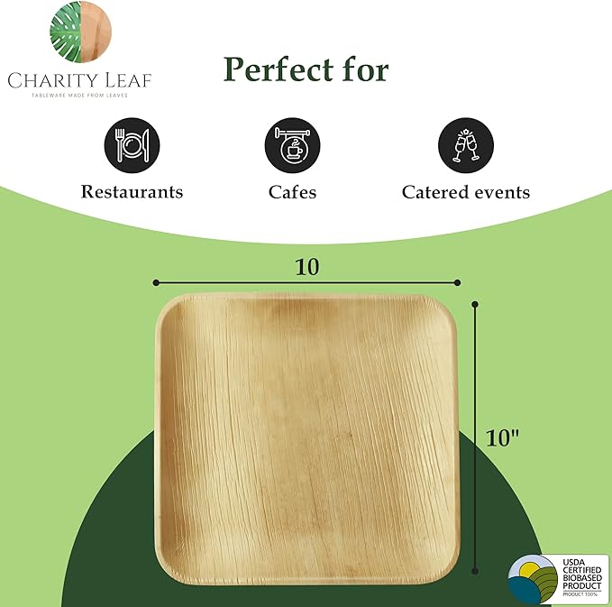 Compostable 10" Square Palm Leaf Dinner Plates (50-pack) | Premium, 100% Natural, Disposable, Heavy Duty | Perfect for Parties, Weddings & Catering Events