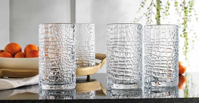 Glaver's Highball Drinking Glasses, Set of 4 Clear 15 Ounce Crackle Design Textured Drinking Glasses Heavy Duty Basic Set for Everyday Home, Bar use for Water Juice Cocktails Smoothies.