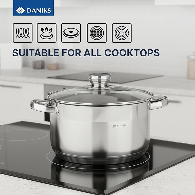 Daniks Standard Stainless Steel Stock Pot with Glass Lid – Induction 7 Quart, Dishwasher Safe, Measuring Scale, For Soup, Pasta, Stew, Silver