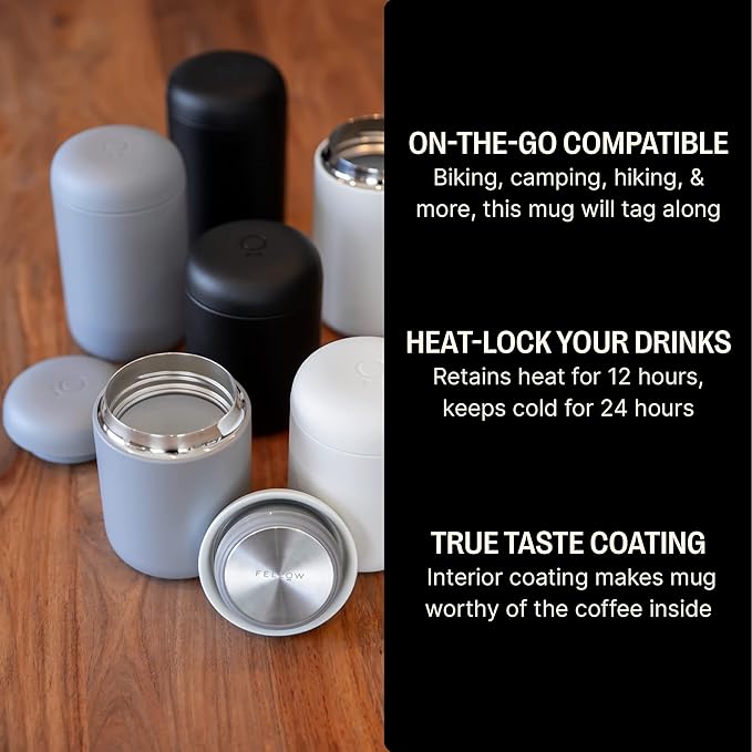 Fellow 16 oz Carter Wide Travel Mug - Wide Mouth Vacuum-Insulated Stainless Steel - Tea and Coffee Tumbler - Travel Coffee Mug with Ceramic Interior - Matte Grey