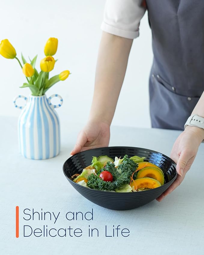 54 OZ Salad Bowl Set of 2, Opal Glass 9.5 inch Serving Dishes for Salad, Fruit, Kitchen Microwave & Dishwasher Safe, Black