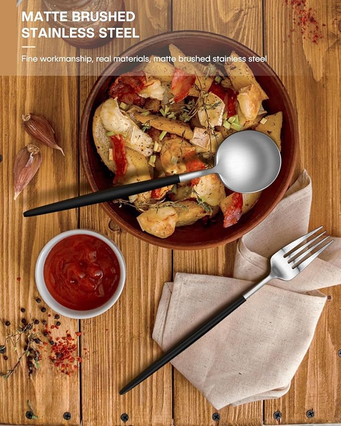 Silverware set for 6,Ollex 30-Piece Black and Silver Silverware Set include Knives Forks Spoons Matte Flatware Set Food-Grade Stainless Modern Utensil Cutlery Set with Stain Finished,Dishwasher Safe