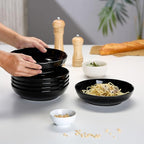 KooK Pasta Bowls Set of 6, Salad Bowl, Large, Ceramic, Microwave and Dishwasher Safe, Great for Soups and Salads, Shallow Serving Bowls, Glossy Porcelain, 32 oz, (Black)