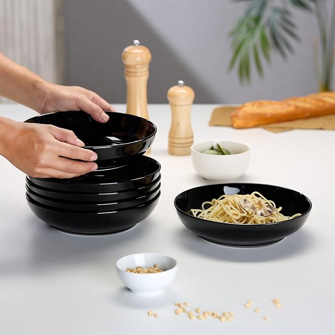 KooK Pasta Bowls Set of 6, Salad Bowl, Large, Ceramic, Microwave and Dishwasher Safe, Great for Soups and Salads, Shallow Serving Bowls, Glossy Porcelain, 32 oz, (Black)