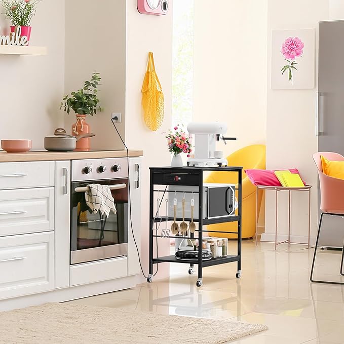 ETELI Bakers Rack with Power Outlet Black Coffee Station Cart Table on Wheels Microwave Stand Table with Storage Shelf for Kitchen Living Room Bedroom