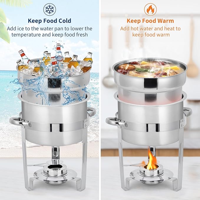 Commercial 7QT Soup Chafer Set, 4 Pack Stainless Steel Round Food Warmers Set with Pot, Notched Lids & Fuel Containers, Soup Warmers Ideal for Buffet Service & Event Catering