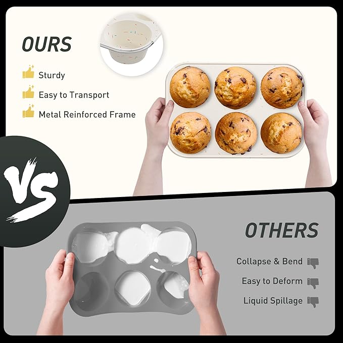2 Pack 6 Cups Silicone Mini Muffin Pan with Metal Reinforced Frame Silicone Molds Cupcake Cake Baking Pans Cookie Baking Chocoflan Cupcake Mold Cake Molds Kitchen Baking Mom Gift Home Essentials
