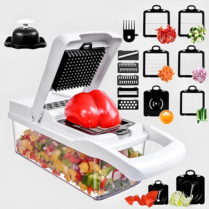 Vegetable Chopper, Veggie Chopper with Container and Lid, Kitchen Vegetable Slicer, Cheese and Onion Slicer, Multifunctional Food Chopper (White)