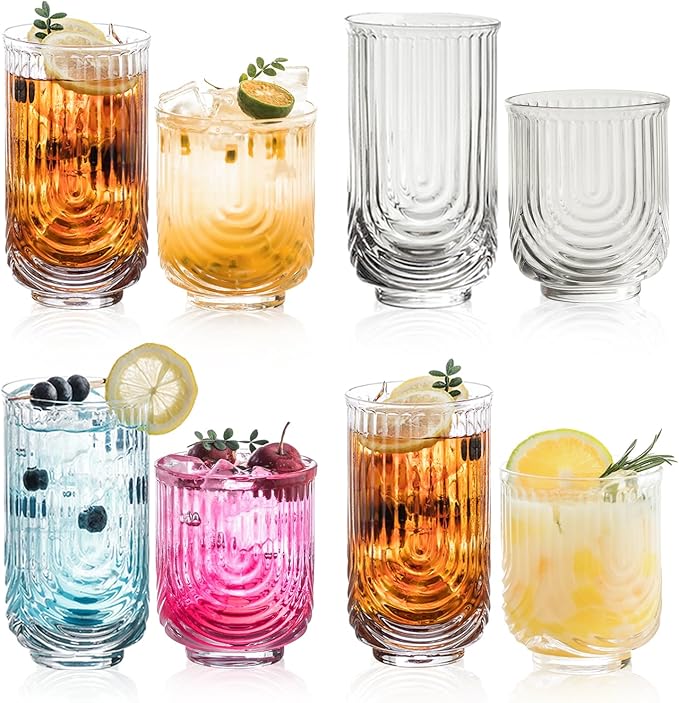 Art Deco Cocktail Glasses, Highball Glasses Set Of 8, Ribbed Glasses, Drinking Glasses Set, Unique Glassware, Beverages Ice Coffee Cup, Ideal for Whiskey, Beer, Juice, Water