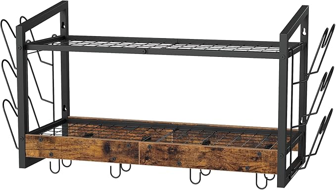 Hanging Pot Rack, Pot Rack Wall Mounted, 2-Tier Kitchen Pot and Lid Organizer, Wall-Mounted Pot Rack with 12 Hooks, for Kitchen Storage of Pots, Pans, Utensils, Rustic Brown TPR02BF