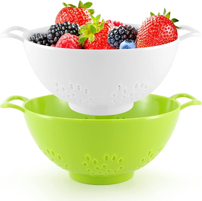 Meadow Lane 6-inch Small Colander, BPA-Free, Dishwasher Safe, Double Handles, Compact Food Strainer for Berries, Veggies and Pasta, 3-Cup Capacity, Green and White, 2-Pack
