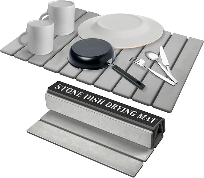 Large Stone Drying Mat for Kitchen Counter, Ultra-Absorbent & Quick Drying, Foldable Diatomaceous Earth Dish Drying Mat, Durable & Non-slip Stone Dish Drying Mat for Dishes & Utensils, 24"×16"