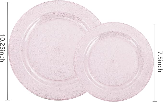 WDF 120pcs Pink Plastic Plates Disposable - Clear Pink Glitter Plates for Valentine's Day/Wedding including 60PCS Dinner Plates 10.25inch and 60PCS Salad Plates 7.5inch for Wedding/Party