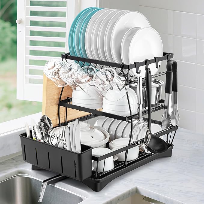Dish Drying Rack for Kitchen Counter - 3 Tiers Stainless Steel Over Sink Dish Drainers, Space Saving Detachable Large Countertop Organizer with Utensil Holder, Cutting Board Rack (Black)