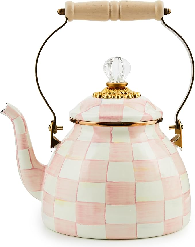 MACKENZIE-CHILDS Enamel Tea Kettle, Stylish Tea Kettle for Stovetop, Pink-and-White Rosy Check, 2 Quarts